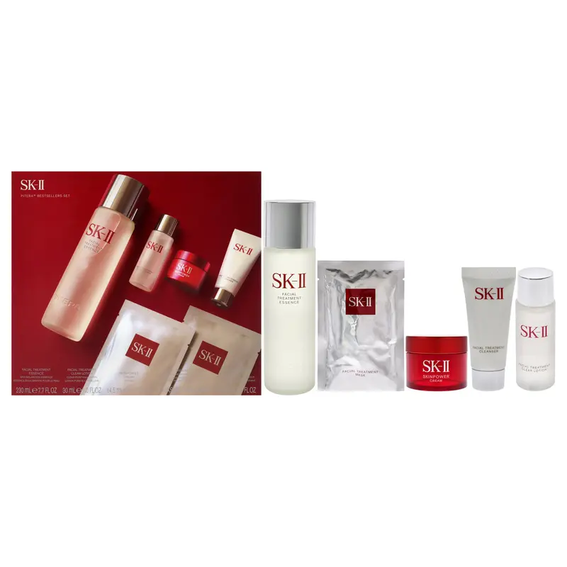 SK II Pitera Bestsellers Set by SK-II for Unisex - 6 Pc 7.7oz Facial Treatment Essence, 1oz Facial Treatment Clear Lotion, 0.49oz Skinpower Cream, 2 Facial Treatment Mask, 0.57oz Facial Treatment Cleanser