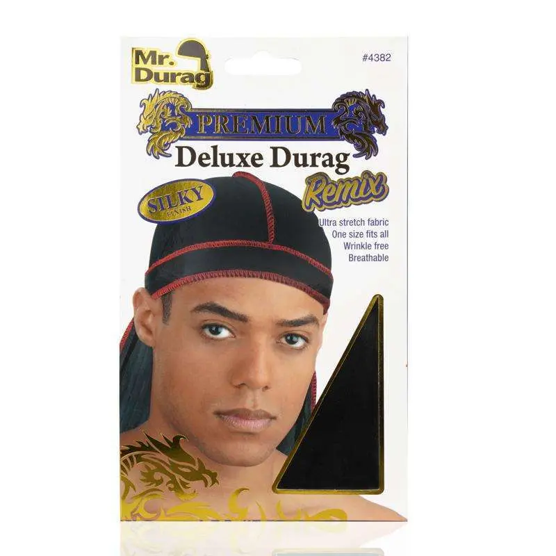 Mr. Durag Premium Silky Durag #4382 Black w/ Red Stitches - Dollar Deals