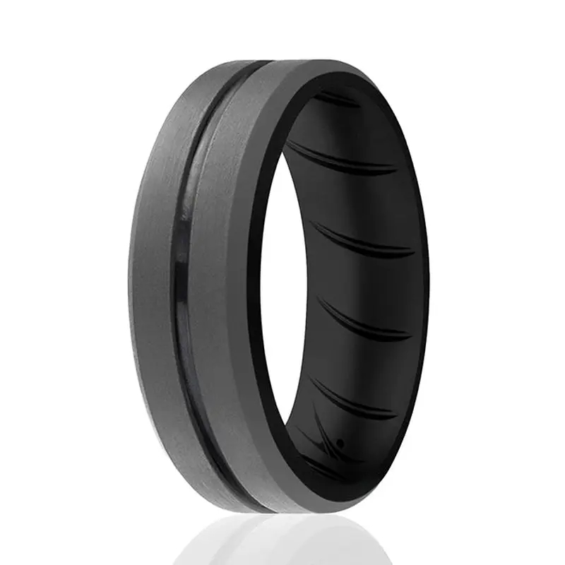 ROQ Silicone Wedding BR Middle Line Ring - Black-Grey by ROQ for Men - 10 mm Ring