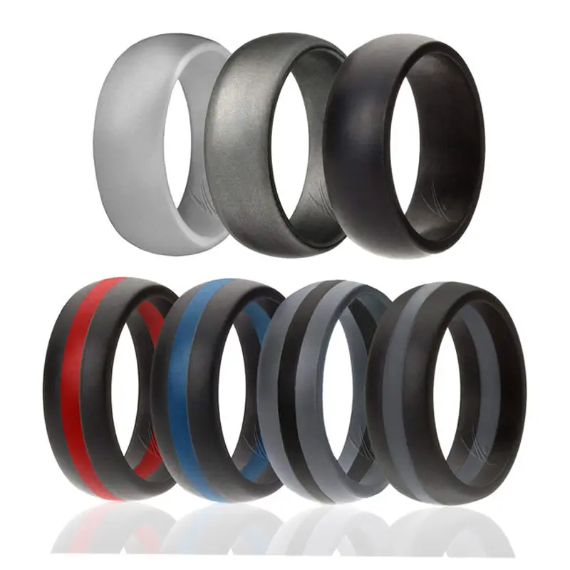 ROQ Silicone Wedding Ring - Dome Style with Middle Line Set by ROQ for Men - 7 x 7 mm Light Grey, Platinum, Black, Black with Thin Red Line, Black with Thin Blue Line, Grey with Black Line, Black with Grey Line