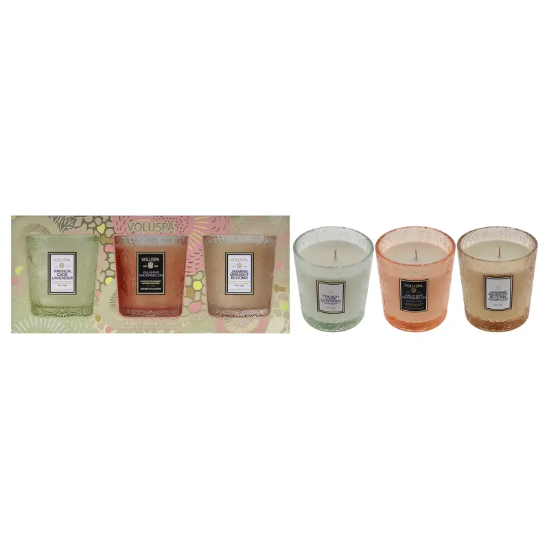 Voluspa Home Refresh Demi Candle Set by Voluspa for Unisex - 3 Pc 5oz French Cade Lavender Candle, 5oz Kalahari Watermelon Candle, 5oz Jasmine Midnight Blooms Candle