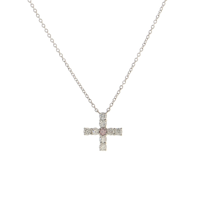 Symbols Cross Pendant Necklace Platinum with Pink Diamond and Diamond Mini